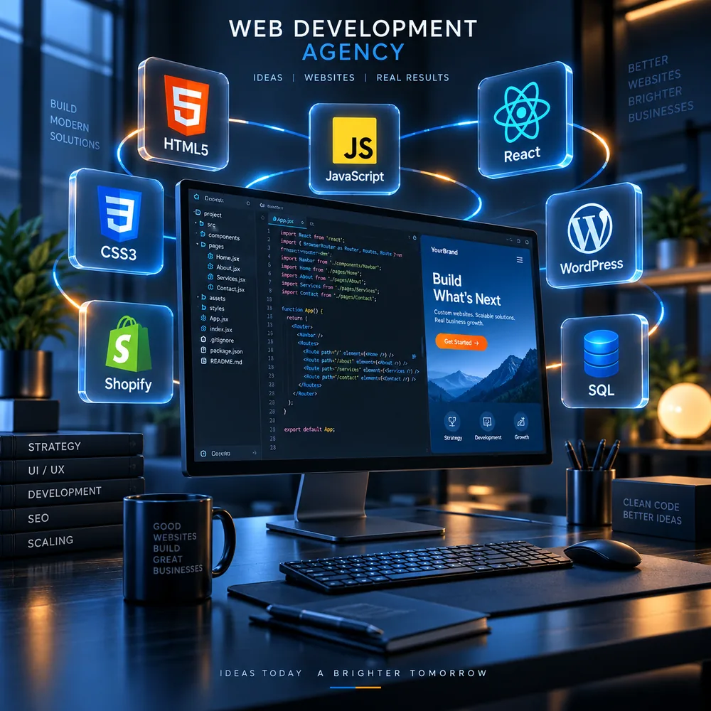 Web development workspace featuring HTML, CSS, JavaScript, React, WordPress, Shopify and SQL