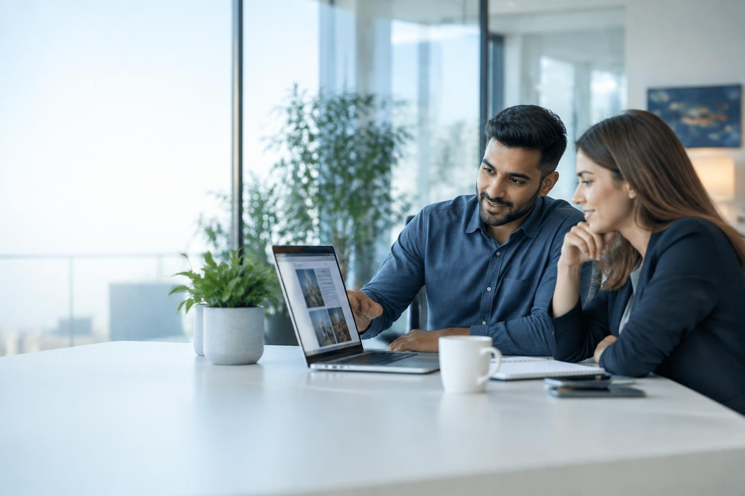 Business professionals discussing a website project in a modern office